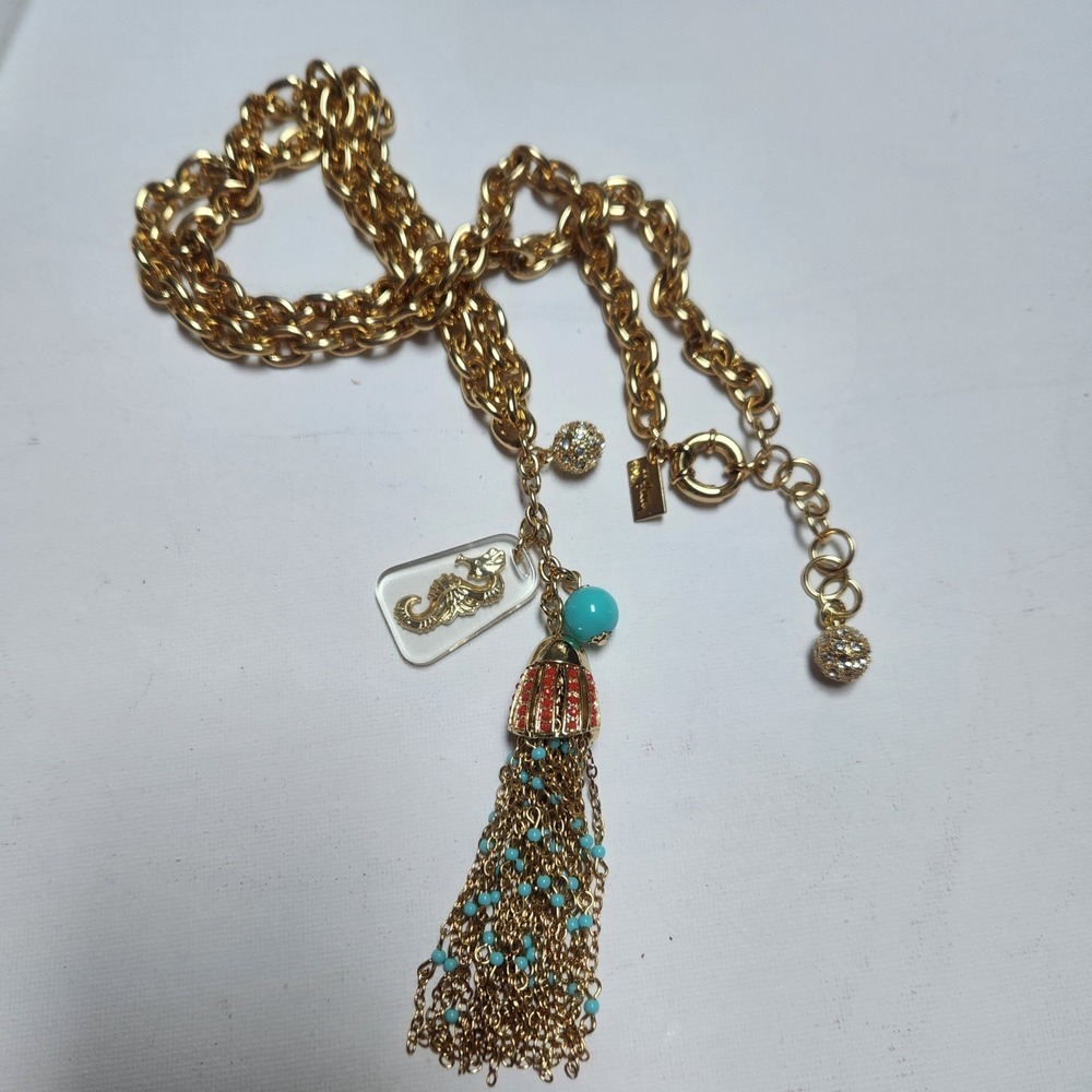 Lilly Pulitzer Gold Seahorse Tassel Statement Necklace Turquoise Coral Nautical - Picture 15 of 16